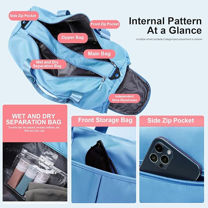 ZGWJ Sports Gym Bag with Wet Pocket & Shoes Compartment, Waterproof Shoulder Weekender Bag for Women and Men Swim Sports Travel Gym Bag Lightweight and easy Carry on Light Blue