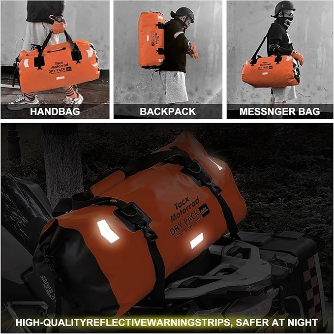 Waterproof Duffel Bag for Men/Women, Roll-top Dry Backpack Duffel Bag with Quick-fixed Straps, Motorcycle Tail Saddle Bag for Motorcycling, Rafting, Boating, Kayaking, Travel, 66L-Orange