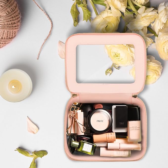 Prite Clear Makeup Bag Cosmetic Organizer Case Waterproof Travel Toiletry Bag Skincare Pouch with Golden Zipper(Pink)