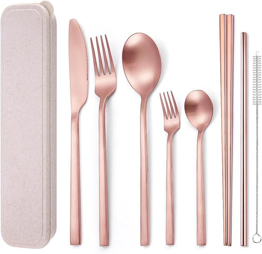 AARainbow 8 Pieces Stainless Steel Flatware Set Portable Reusable Cutlery Set Travel Utensils Set Including Chopsticks Knife Fork Spoon Straws Cleaning Brush Dishwasher Safe (B-Rose Golden)