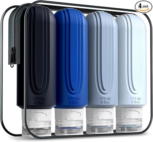Travel Bottles for Toiletries, Large 6oz Oversize Containers, BPA Free Leak Proof Tubs Refillable Liquid Travel Accessories with Toiletry Bag for Cometic Shampoo and Lotion Soap (4 Pack)
