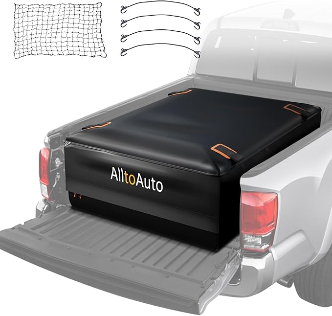 Truck Bed Cargo Bag with Cargo Net, 26 Cubic Feet (51''x40''x22''), 4'x6' Cargo Net Stretches to 8'x12', 100% Waterproof 600D Heavy Duty, Fits Any Truck Size, Convenient for Installation