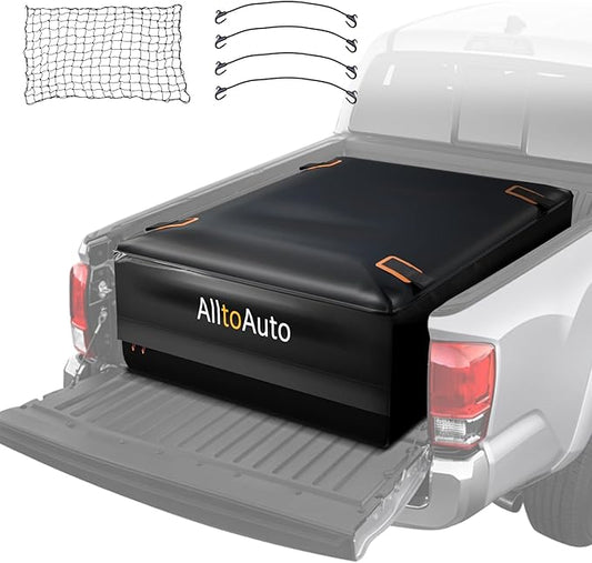 Truck Bed Cargo Bag with Cargo Net, 26 Cubic Feet (51''x40''x22''), 4'x6' Cargo Net Stretches to 8'x12', 100% Waterproof 600D Heavy Duty, Fits Any Truck Size, Convenient for Installation