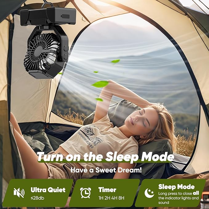 Portable Rechargeable Fan, 20000mAh Battery Powered Fan with LED Light, Camping Fans for Tent Remote Control, 5 Speed & Hook, 10-inch Outdoor Cordless Fans for Travel,Home, Beach, Power Outage - Black