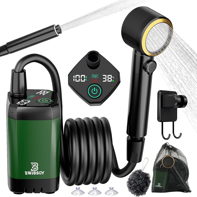 Portable Shower for Camping, Rechargeable Camping Shower Pump, 4 Spray Modes, Smart Intelligent LED Display Outdoor Camp Shower Kit or Camping, Hiking, Traveling, Pet
