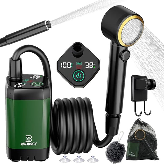 Portable Shower for Camping, Rechargeable Camping Shower Pump, 4 Spray Modes, Smart Intelligent LED Display Outdoor Camp Shower Kit or Camping, Hiking, Traveling, Pet