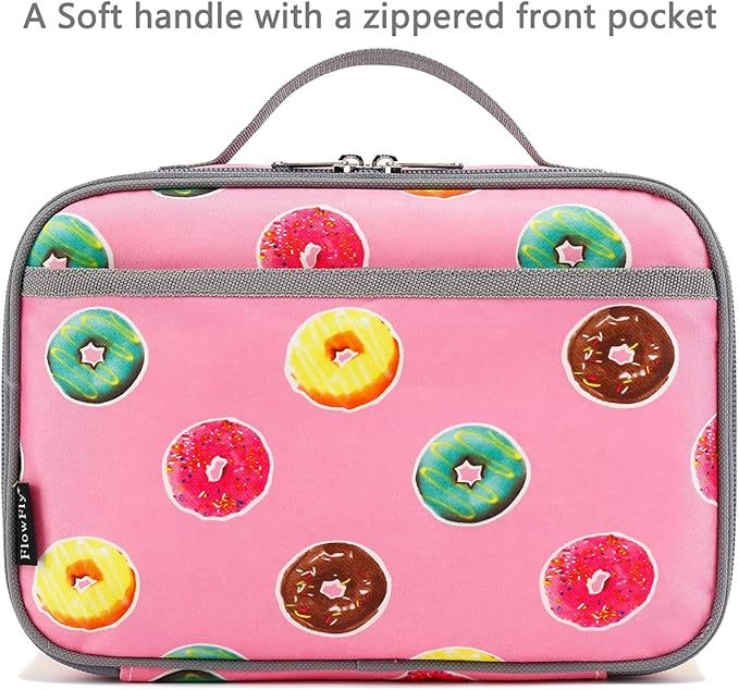 FlowFly Kids Lunch box Insulated Soft Bag Mini Cooler Back to School Thermal Meal Tote Kit for Girls, Boys, Doughnut