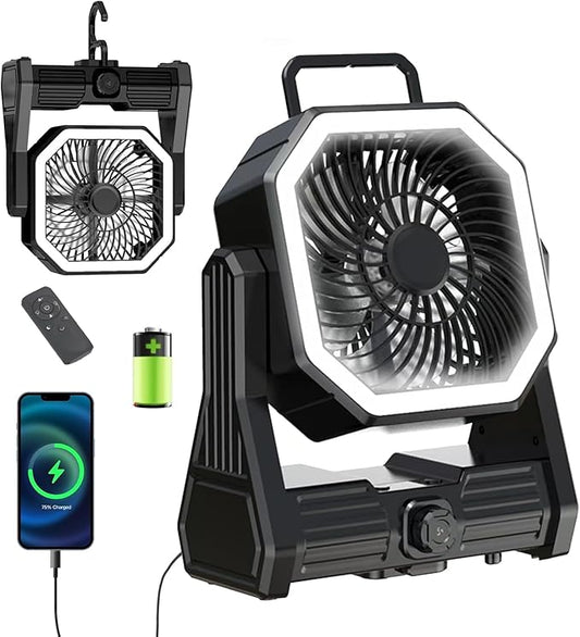 SmartTail Portable Camping Fan, 20000mAh Battery Powered Fan with LED & Hook, Stepless Speed & Timing Rechargeable Fan, Cordless Desk Fan for Camping, Tent, Fishing, Travel, Office-black