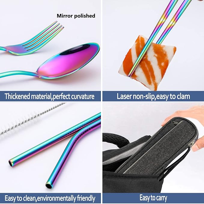 Portable Reusable Travel Utensils Silverware With Case, Camping Cutlery Set, Chopsticks and Straw, Flatware With Case, Stainless Steel Rainbow Top