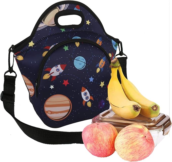 Violet Mist Neoprene Lunch Bag Insulated Lunch Bag Tote Cute Large Thermal Lunchbags with Pocket Detachable Adjustable Shoulder Strap Lunchbox Food Handbags Gift for Women Men Adult, Space Planet