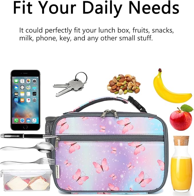 Insulated Lunch Box for School, Thermal Reusable Durable Freezable Lunch Bags for Kids Boys Girls Men Women - Small Soft Cooler Portable Lunch Tote Kit for Work Picnic Travel,Butterfly