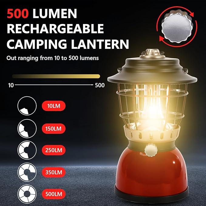 LED Camping Lantern Rechargeable Stepless Dimming Vintage Rechargeable Vintage Lantern, 4000mAh Power Bank, IPX5 Waterproof Portable Hanging Lamp for Camping Hiking Emergency and Power Outage