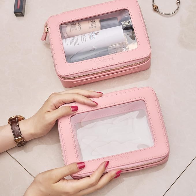 Aveniee Clear Makeup Bag Organizer, Portable Travel Toiletry Cosmetic Bag Case for Women, Heavy Duty Make Up Pouch with Transparent Vinyl Windows & Gold Zippers(Pink)