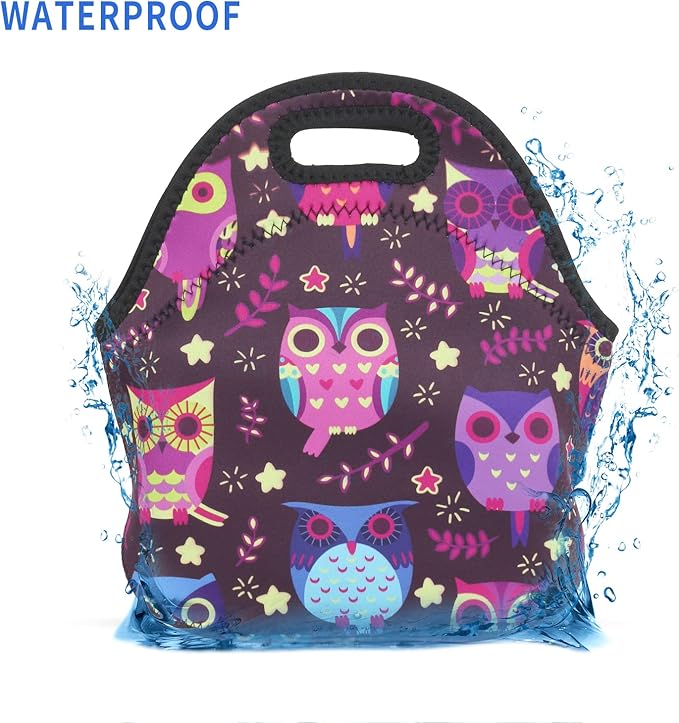 Violet Mist Neoprene Owl Lunch Bag Insulated Waterproof Lunch Bag Tote Cartoon Reusable Lunch Box Containers Food Carrying Lunch Handbags for Women men Work Thanksgiving Christmas Gift