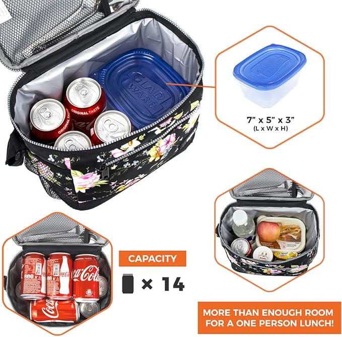 opux Insulated Lunch Box Men Women, Lunch Bag for Work School, Leakproof Soft Cooler Tote Adult, Large Lunch Pail Kids Boys Girls, Picnic Beach Food Bag with Shoulder Strap, Black Floral