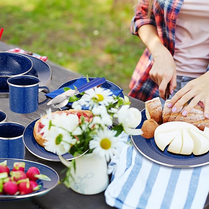 Nuogo 12 Pcs Enamel Camping Tableware Set Camping Complete Dinnerware Kit Coffee Mugs Plates Bowls Utensils Set with Knife Fork Spoon for 2 People Hiking Picnic(Blue)