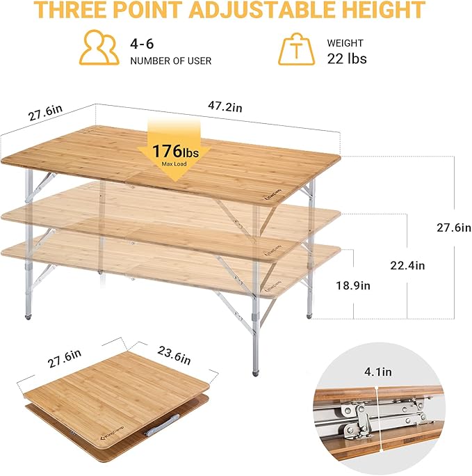 KingCamp Bamboo Folding Table Camping Table with Adjustable Height Aluminum Legs Heavy Duty 176 lbs 2-Folds Portable Camp Tables for Travel, Picnic, Beach, 6 People