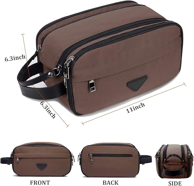 Mens Toiletry Bag Travel Leather Toiletry Organizer Dopp Kit for Men Water-resistant Shaving Bag for Bathroom (Brown)