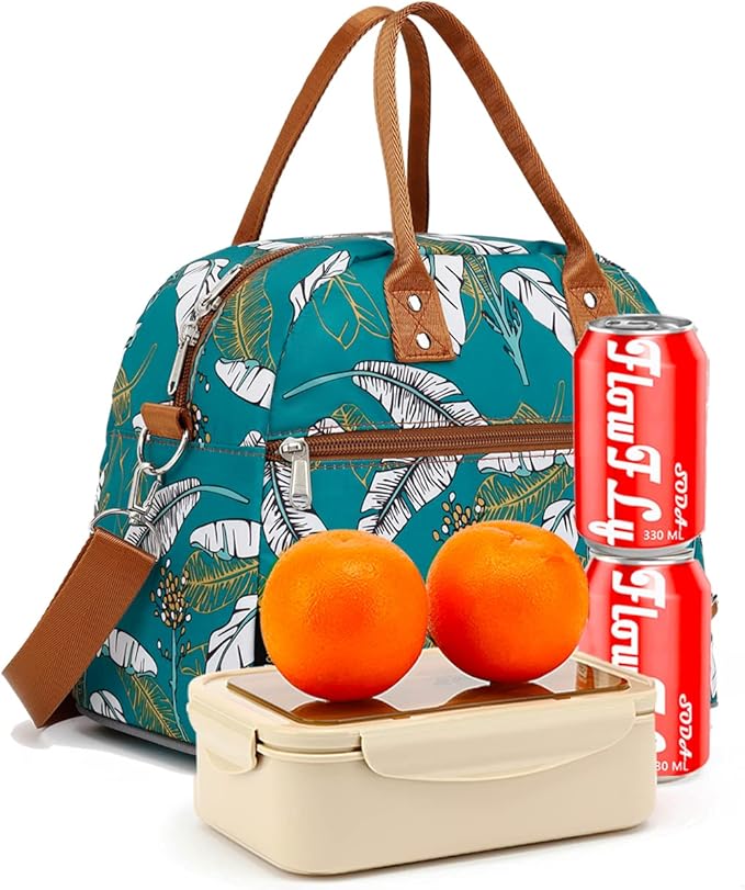 FlowFly Insulated Lunch Bag With Shoulder Strap for Women, Men, and Kids, Large and Reusable, Handle, Freezable Work and School Travel Tote and Meal Prep Organizer, leaves