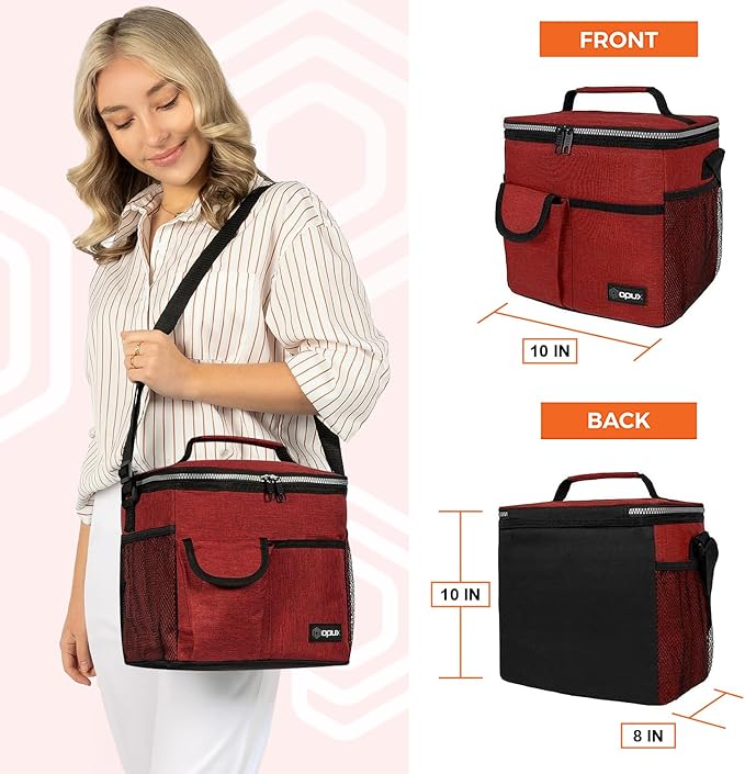 opux Insulated Lunch Bag for Men Women, Leakproof Heather Red Lunch Box for Work, Portable Soft Lunch Cooler Bag with Shoulder Strap, Adult Lunchbox Lunch Pail for Kid Boy Girl School, 18 Can/10L