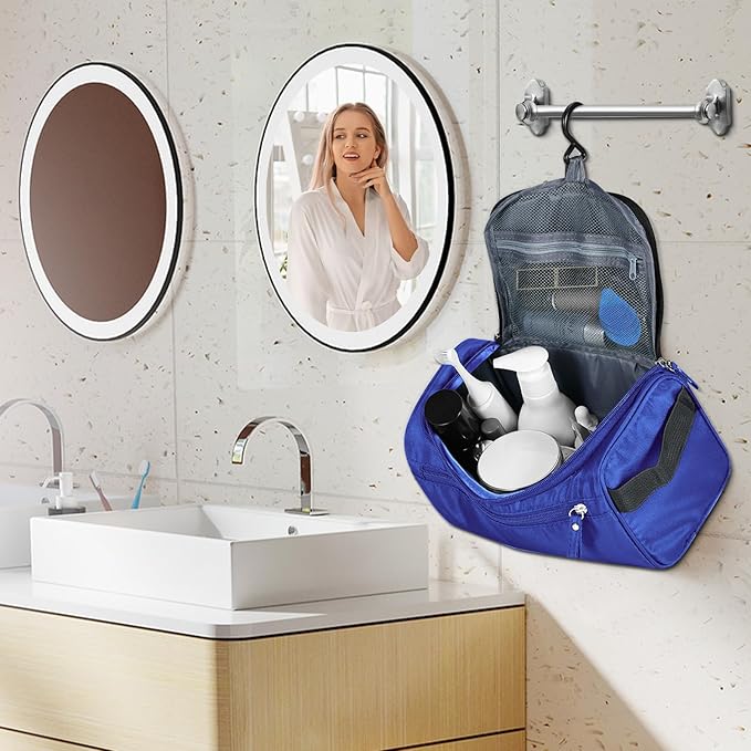 Hanging Toiletry Bag for Women and Men Traveling Makeup Large Capacity Cosmetics Portable Dopp Kit Storage Organizer Bag with Hanging Hook for Toiletries Brushes (Navy Blue)
