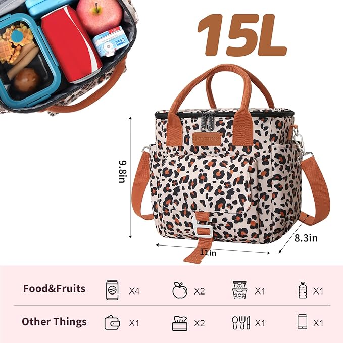 Joymee Insulated Lunch Bag for Women/Men, Waterproof Lunch Box for Office Work Picnic Beach, Reusable Large Leakproof Cooler Tote Bag with Adjustable Shoulder Strap & Side Pocket, Leopard Print