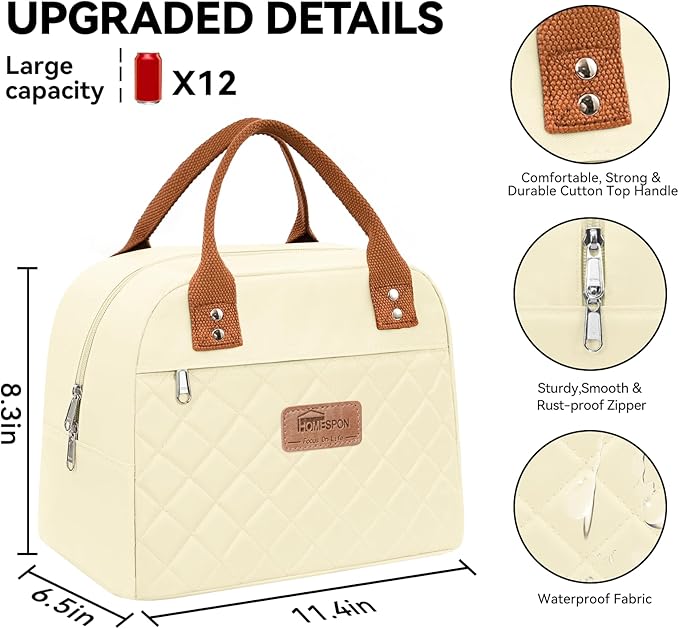 HOMESPON Insulated Lunch Bag for Women Men Adults Lunch Tote with Front Pocket Lunch Box Container Cooler Bag for Work Picnic (Beige)