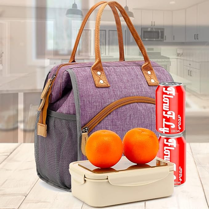 FlowFly Insulated Lunch Bag Wide-Open Lunch Box Large Tote Leakproof Cooler with Drink Holder and Multi Pockets for Women Men Adult Kids Work Picnic Travel Beach Hiking, Purple