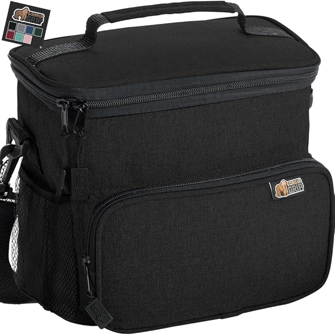 GORILLA GRIP Reusable Insulated Lunch Box Bag for Women Men, Large Leakproof Soft Cooler Bags, Multiple Compartments, Mesh Pockets, Adjustable Strap, Food Tote Keeps Drinks Cold, 8L, 10x9, Black