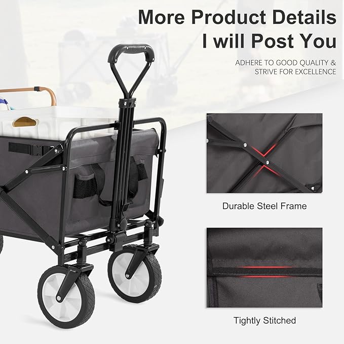 Collapsible Wagon Folding Wagon Garden Cart with Large Capacity, Portable Utility Wagon Cart Heavy Duty for Beach Camping Shopping Garden (Grey)