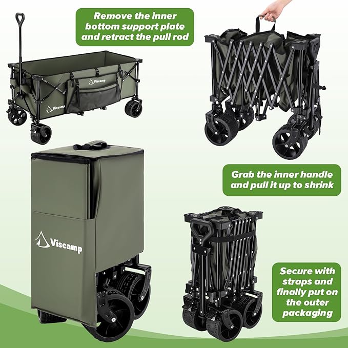 48''L Wagons Carts Foldable, 440Lbs Beach Collapsible Wagon Heavy Duty Garden Cart with Wheels and Elastic Rope Wagon for Shopping Camping and Storage(Army Green)