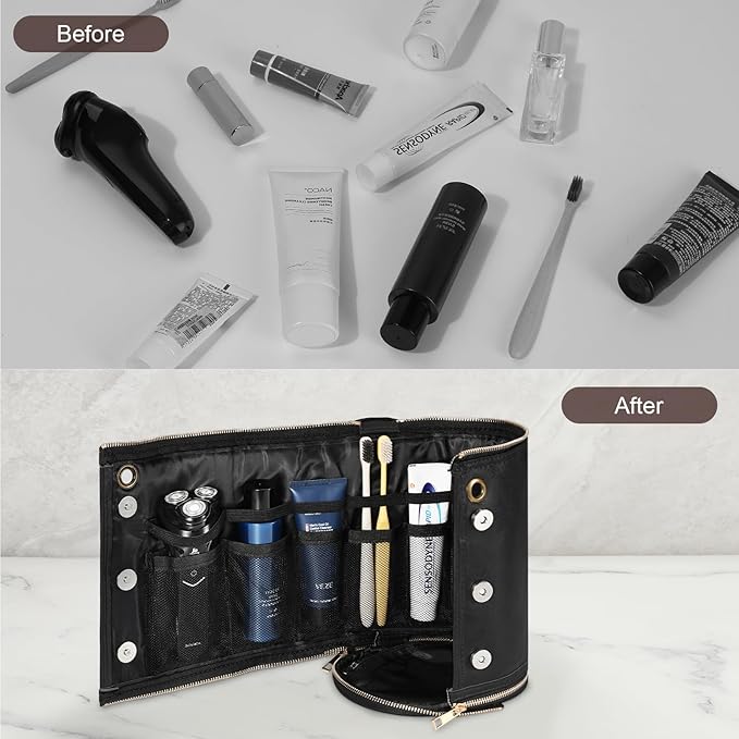 Luxspire Toiletry Bag for Men, Travel Toiletry Organizer Dopp Kit, PU Water-resistant Shaving Bag for Toiletries Accessories, Gift for Men, Black