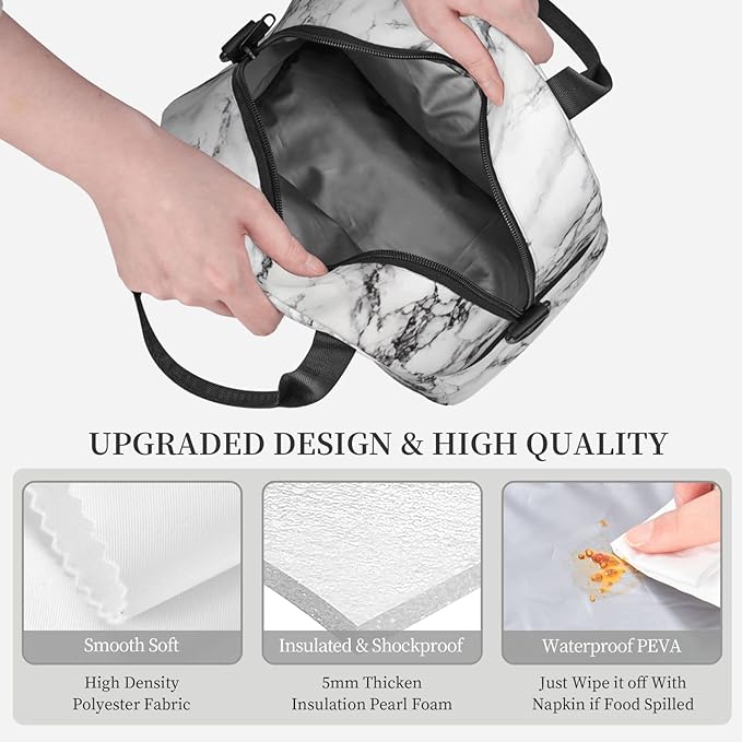 bassyil Marble Insulated Lunch Bag Reusable Lunch Box With Adjustable Shoulder Strap Cooler Tote Bag For Men Women