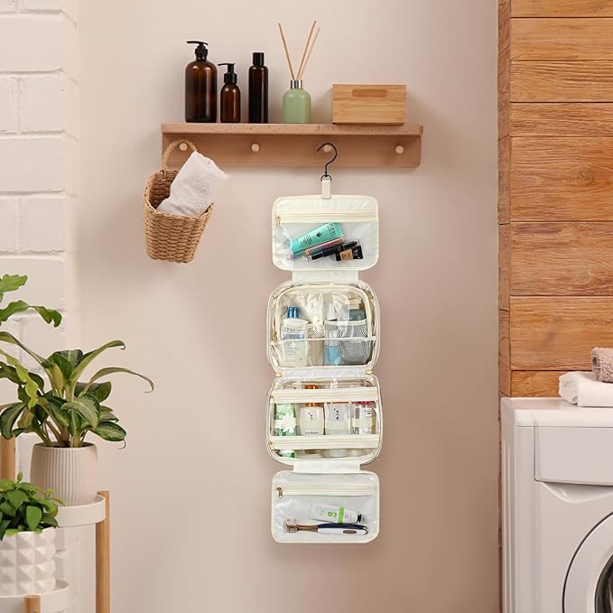 Voova Hanging Travel Toiletry Bag for Women Men, Waterproof Makeup Cosmetic Organizer Holder for Toiletries Accessories, Traveling Essentials,Shampoo,Full-Sized Container, Brushes Kit Set, Beige