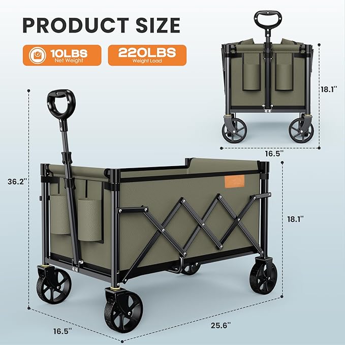 Collapsible Wagon Cart Foldable with 220lbs Weight Capacity, Lightweight Portable Folding Grocery Shopping Cart with Wheels for Camping Sports Beach and Shopping, Khaki