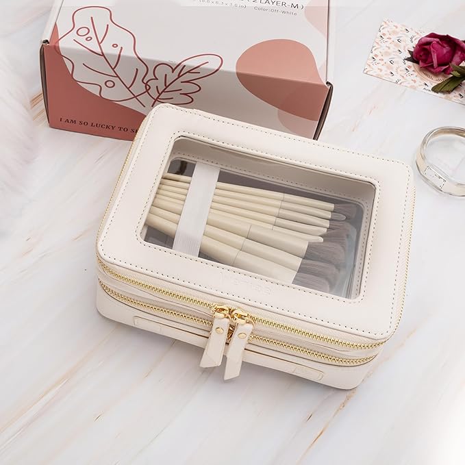 Aveniee Large Clear Makeup Bags, Double Layer Cosmetic Bags with Separate Brush Compartment, Travel Toiletry Bag Cosmetic Train Case, Travel Accessories Organizer for Women(2 Layers, White)