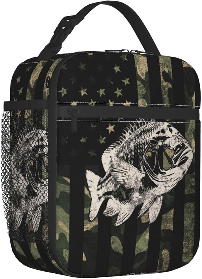 Fishing Camouflage American Flag Bass Lunch Box, Portable Insulated Lunch Bag with Detachable Handle,Reusable Lunchbox for Boys Girls Men Women Adults