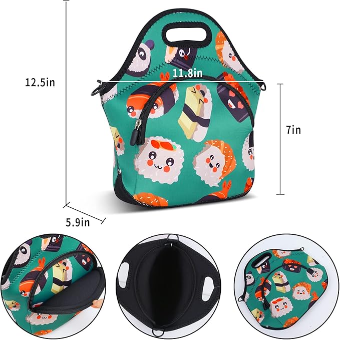 Violet Mist Women's Neoprene Insulated Lunch Bag Thermal Resealable Lunch Bag Tote Large with Extra Pocket Detachable Adjustable Shoulder Strap, Eye Sushi