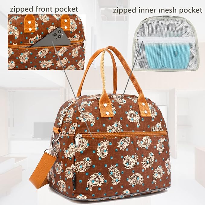 FlowFly Insulated Lunch Bag With Shoulder Strap for Women, Men, and Kids, Large and Reusable, Handle, Freezable Work and School Travel Tote and Meal Prep Organizer,Cashew