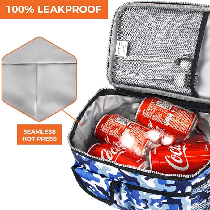 opux Insulated Lunch Bag for Men Women, Leakproof Camo Blue Lunch Box for Work, Portable Soft Lunch Cooler Bag with Shoulder Strap, Adult Lunchbox Lunch Pail for Kid Boy Girl School, 14 Can/8L