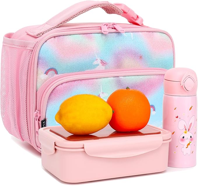 FlowFly Kids Lunch box Insulated Soft Bag Mini Cooler Back to School Thermal Meal Tote Kit for Girls, Boys,Glitter-Unicorn
