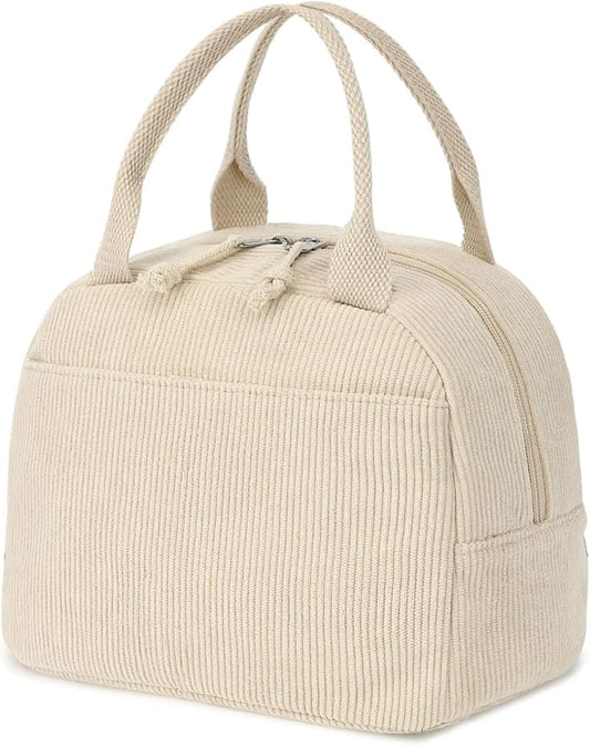 Corduroy Lunch Tote Bag, Pure Beige, Insulated Thermal Cooler, Portable and Large Capacity for Office, School, or Picnic, 8.5L