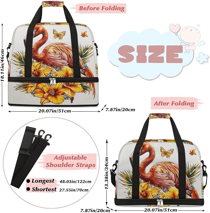 cfpolar Woman Travel Duffel Bag Vintage Flamingo Butterfly Foldable Tote Carry On Luggage Sports Gym Bag With Shoe Compartment Overnight Weekend Yoga Workout Bag Training Handbag
