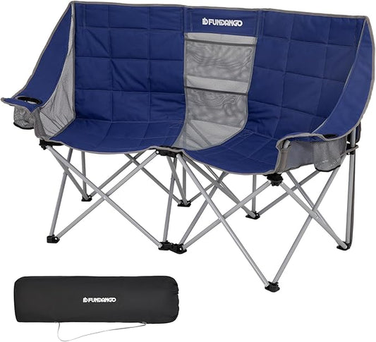 FUNDANGO Oversized Double Camping Chair, 2 Person Folding Padded Loveseat for Adults，660lbs Heavy Duty Chair with Arm Cup Holder for Outdoor Patio Lawn Camp with Carry Bag (Blue)
