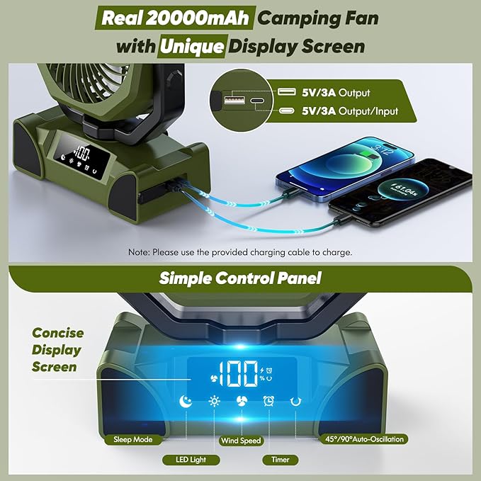 Portable Rechargeable Fan, 20000mAh Battery Powered Fan with LED Light, Camping Fans for Tent Remote Control, 5 Speed & Hook, 10-inch Outdoor Cordless Fans for Travel,Home, Beach, Power Outage - Green