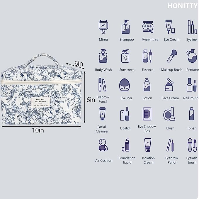 Makeup Bag,Quilted Cosmetic Bags,Large Floral Make Up Bags for Women, Makeup Organize,Flower Travel Toiletry Bag