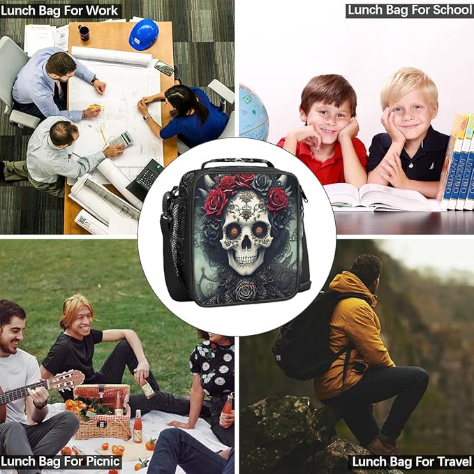 Goth Skull Insulated Lunch Bag for Girls Boys Teen Skeleton Flower Reusable Lunch Box with Shoulder Strap Freezable Thermal Cooler Bag Meal Prep Boxs for School Travel Picnic Beach Lunch Pail