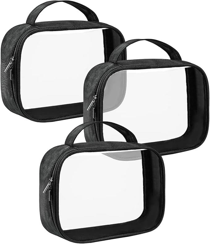 Moyad TSA Approved Clear Toiletry Bag with Handle, 3 Pack Quart Size 3-1-1 Liquids Pouch for Travel, Transparent Makeup & Cosmetic Organizer for Women Men, Black