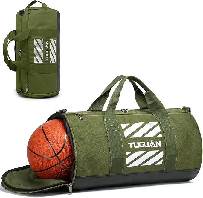 TUGUAN Basketball Gym Bags for Men Women Small Travel Duffle Bag with Wet Pocket & Shoes Compartment Overnight Weekender Duffel Bag Sports Gym Tote bag Man 40L, Green