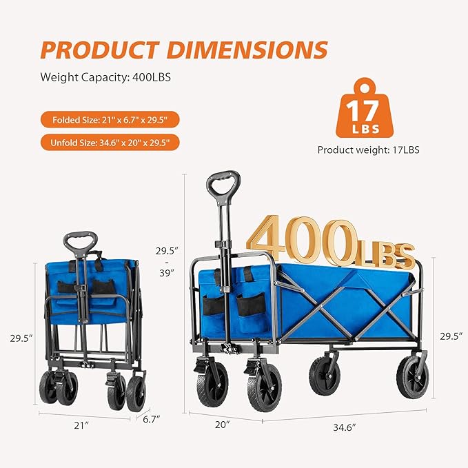 Sweetcrispy Foldable Wagon Cart, Collapsible Large Capacity Garden Cart with Wheels, Heavy Duty Utility Grocery Wagon with Drink Holders for Shopping Sports Camping